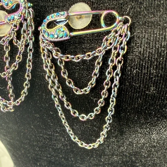 SASSY JONES Multicolor Safety Pin Chain Drop Earrings - Picture 3 of 4